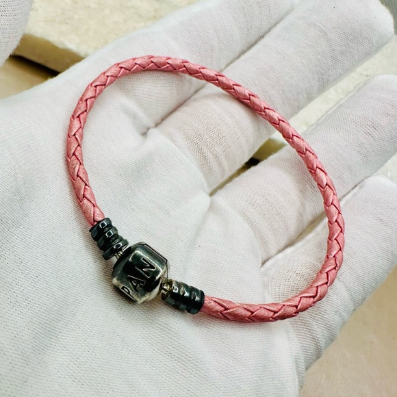 EUC Pandora 590705CMP-S Single Shimmering Pink Woven Leather Clasp Bracelet - Picture 6 of 15